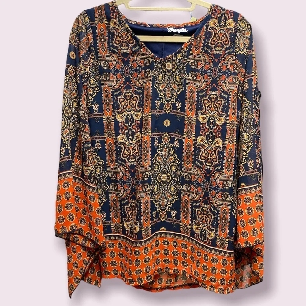 Wrangler tunic top paisley print boho sheer sleeves V-neckline size small